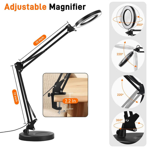 10X Magnifying LED Lamp With Optical Glass Lens 4.3 Inch Clamp On Craft Light showing adjustable arm and clamp detail
