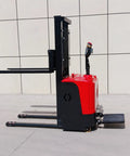 The Ultimate Full Electric Walkie Pallet Stacker With 1000kg Or 1500kg Capacity And A Smooth 3000mm Lift Height, side view showing forks.