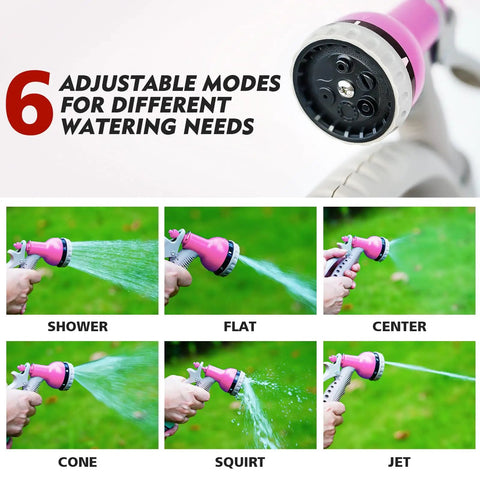 Portable Hose Reel For Outdoor Use, 50Ft Garden Hose Reel With Six Pattern Spray Nozzle features six adjustable modes in pink