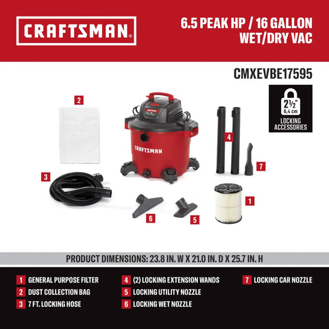 16 Gallon 6.5 Peak HP Wet Dry Shop Vacuum With Built In Blower Port and accessories displayed