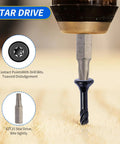 Close-up of Torx T25 bit driving No 10 Deck Screws, 2-1/2 Inch, with epoxy-coated carbon steel in wood, showing star drive detail.