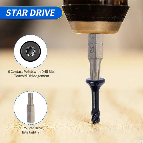 Close-up of Torx T25 bit driving No 10 Deck Screws, 2-1/2 Inch, with epoxy-coated carbon steel in wood, showing star drive detail.