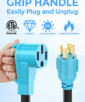 Heavy Duty 4 Prong Generator To Rv Adapter Cord 30 Amp To 50 Amp Nema L1430P To 1450R grip handle for easy plugin, sturdy, UV-resistant design.