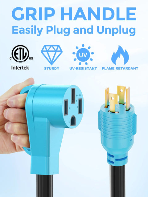 Heavy Duty 4 Prong Generator To Rv Adapter Cord 30 Amp To 50 Amp Nema L1430P To 1450R grip handle for easy plugin, sturdy, UV-resistant design.