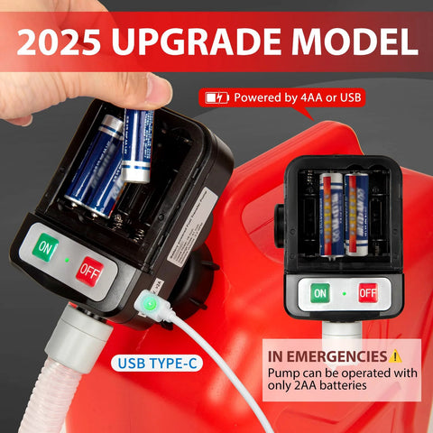 Automatic portable fuel transfer pump by Amazon; battery/USB-C powered with 4 can adapters, front view.