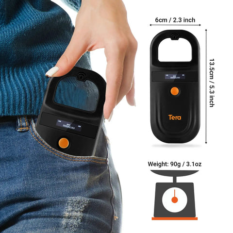 Person placing Pet Microchip Reader With D Ring Included For Easy Carry Portable RFID Scanner into jeans pocket, size and weight shown.