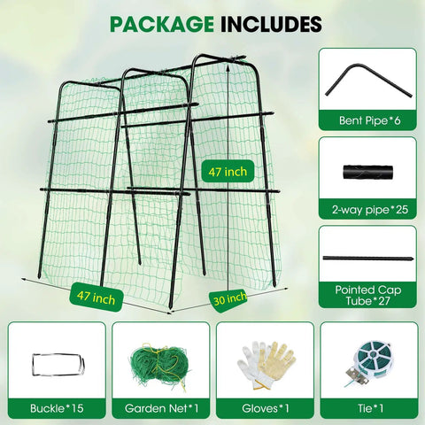 U Shaped Metal Garden Trellis For Climbing Cucumbers And Vines, 47 Inch High And 47 Inch Wide Raised Bed Support With Nylon Netting