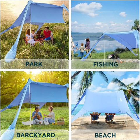 Four scenes of a Portable Beach Shade Tent Sun Shelter UPF50 Canopy With Sandbags for park, fishing, backyard, and beach use.