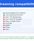Streaming compatibility list for Senior Friendly Big Button Universal TV Remote highlighting supported and unsupported services.