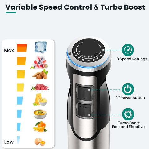 Powerful 1800 Watt Immersion Blender With Four Versatile Attachments, Blends Soups And Smoothies Without A Sweat, Crushes Ice Like A True Pro, Sleek Silver Kitchen Staple showing variable speed control with 8 settings.