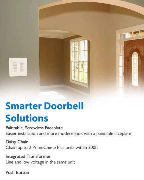 PrimeChime Plus 2 Electric Doorbell Kit For Home installation view with integrated transformer and paintable faceplate on wall.