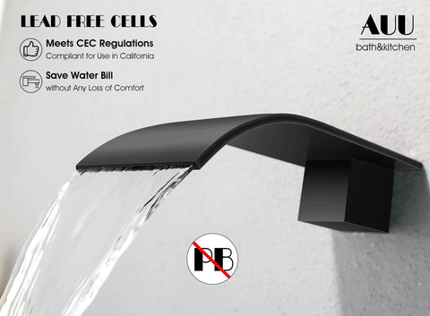 Solid Brass Wall Mount Bathtub Faucet With Single Handle Waterfall Spout, Easy Install Rough In Valve Included, Brushed Nickel Finish, Roman Tub Filler, Durable Corrosion Resistant Bath Mixer, 4.72 Inch Wide Spout in action showing waterfall flow.