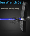 Blue hex key braking through dark surface, labeled CR-V 10mm, showcasing 27 Piece Hex Key Set Color Coded Chrome Vanadium Steel.