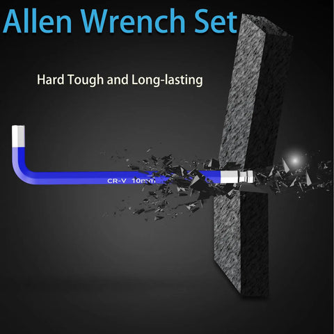 Blue hex key braking through dark surface, labeled CR-V 10mm, showcasing 27 Piece Hex Key Set Color Coded Chrome Vanadium Steel.