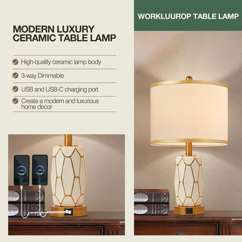 Set Of 2 Touch Control Ceramic Table Lamps For Bedroom And Living Room Modern Black And White Design With USB Ports Bedside Nightstand Lamps With Fabric Drum Shade Bulbs Included