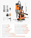 Top Shelf Heavy Duty Magnetic Drill Press With Gutsy 1450W Motor on display with two coring bits, used for steel drilling.