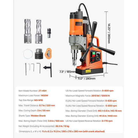 Top Shelf Heavy Duty Magnetic Drill Press With Gutsy 1450W Motor on display with two coring bits, used for steel drilling.