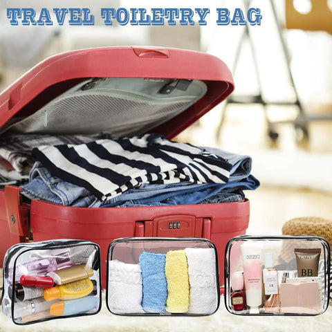 16 Pack Clear Makeup Bags TSA Approved Travel Toiletry Pouches in suitcase with clothes and toiletries