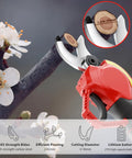 Cordless Electric Pruning Shears With Dual 2Ah Batteries cutting a tree branch, showing 30mm diameter capability.