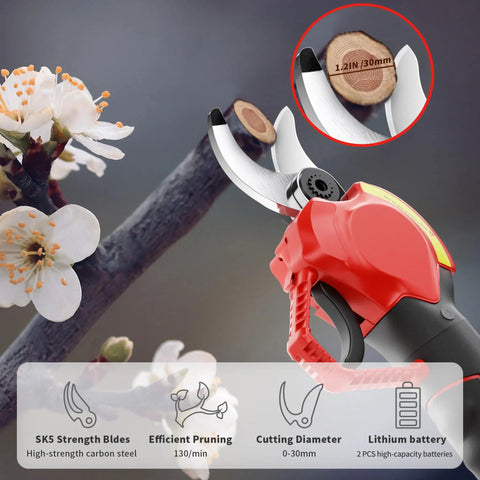 Cordless Electric Pruning Shears With Dual 2Ah Batteries cutting a tree branch, showing 30mm diameter capability.