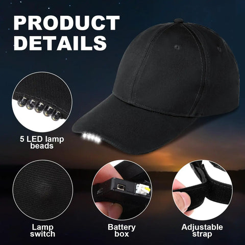 2 Pack LED Baseball Caps With Built In Headlamps Hands Free Light For Men Fishing Jogging Camping Work USB Hats Black Grey