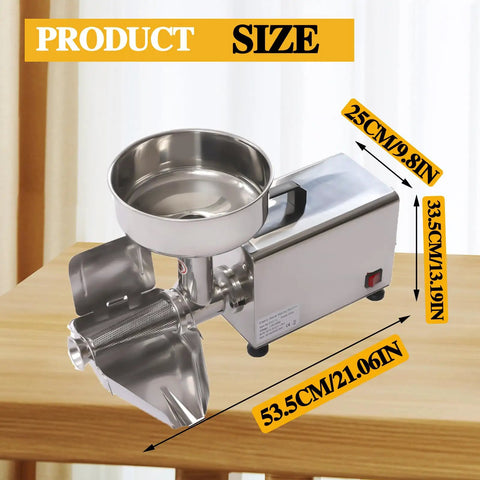 Top Shelf Commercial 450W Tomato Strainer Machine Crafted From Heavy Duty 304 Stainless Steel For Effortless Processing Of Juicy Sauves Soups And Rich Purees This Durable Vegetable Food Mill Press Is A Total Game Changer For Your Kitchen Setup, showcasing the machine's stainless steel bowl and specifications.