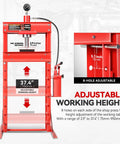 Heavy Duty 30 Ton Hydraulic Shop Press With Movable H Frame Plate For Auto Mechanics And Metal Fabrication Solid Red Workhorse Rig showing adjustable height options and specifications.