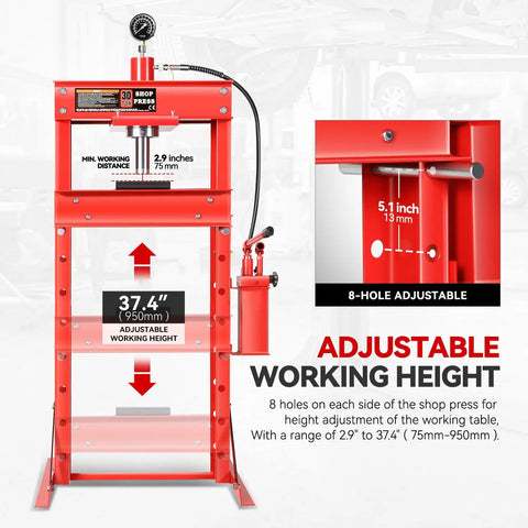 Heavy Duty 30 Ton Hydraulic Shop Press With Movable H Frame Plate For Auto Mechanics And Metal Fabrication Solid Red Workhorse Rig showing adjustable height options and specifications.