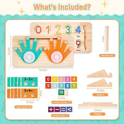 TOT APPROVED INTERACTIVE NUMBER BLOCKS WITH TALKING FEATURES SMOOTH MONTESSORI FINGER COUNTING MATH TOY SET KICKSTARTS EFFORTLESS ADDITION SUBTRACTION PRACTICE VIA COLORFUL FLASH CARDS FOR TODDLER BRAIN BOOSTING, includes 11 blocks, pen, cards, and tiles.