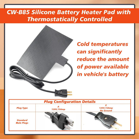 Automotive Silicone Battery Heating Pad With Thermostatic Shutoff 60 Watt 120 Volt side view with power cord.