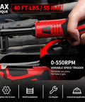 Cordless 18V Electric Ratchet Wrench Set with variable speed used for car repair, showing 40 ft-lb torque and 550 RPM.