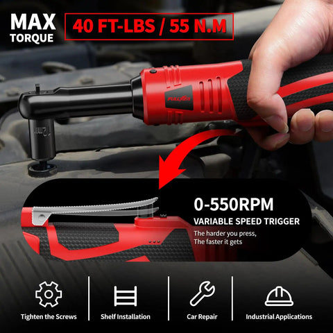 Cordless 18V Electric Ratchet Wrench Set with variable speed used for car repair, showing 40 ft-lb torque and 550 RPM.
