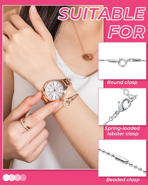Woman using Bracelet Helper Tool Set With Retractable Hooks And Non Slip Clips For Necklace Jewelry And Watch, Grab And Go Portable Clasp Aids.