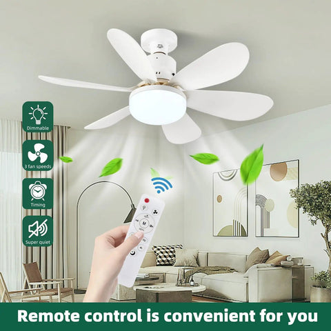 Hand holding remote for Bladeless Ceiling Fan With Lights And Remote Control Dimmable Enclosed Low Profile Mini Ceiling Fan