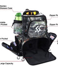 Camouflage Fishing Tackle Backpack With Four Trays, Waterproof Tackle Box Bag, Rain Cover, And Lanyard, multiple pockets, open view