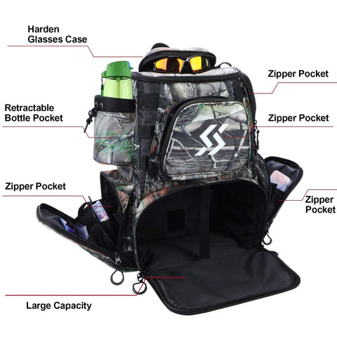 Camouflage Fishing Tackle Backpack With Four Trays, Waterproof Tackle Box Bag, Rain Cover, And Lanyard, multiple pockets, open view