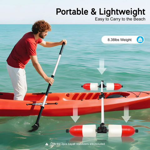 Person adjusting Portable Kayak Stabilizers Kit for Most Kayaks and Canoes with Quick Release Outriggers on red kayak