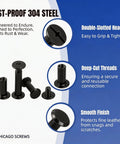 Close-up of rust-proof 304 steel black Chicago screws, showcasing double-slotted head and deep-cut threads from Heavy Duty Black Chicago Screws Kit For Leather Crafts, 115 Piece Set With 304 Stainless Steel Rivets, Includes Hole Punch And Screwdriver, Knockout Gear For Weekend DIY Warriors And Serious Hobbyists.