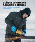 Person wearing Waterproof Winter Work Gloves for Men and Women, ANSI A4 Cut Resistant, using a grinder in outdoor cold setting, Size M.