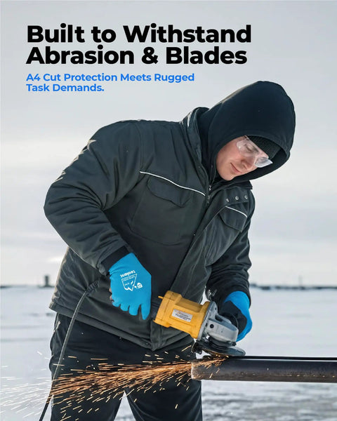 Person wearing Waterproof Winter Work Gloves for Men and Women, ANSI A4 Cut Resistant, using a grinder in outdoor cold setting, Size M.