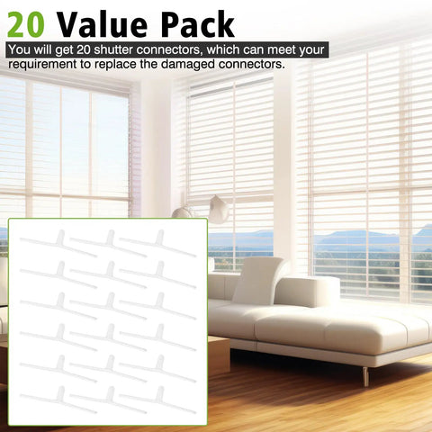 20 Pcs Universal Window Blind Repair Kit Featuring Rugged Shutter Slide Connectors And Slotted Tilt Bars For Quick No Sweat Fixes And Top Shelf Shade Realignment shown with 20 white shutter connectors on a modern living room backdrop.