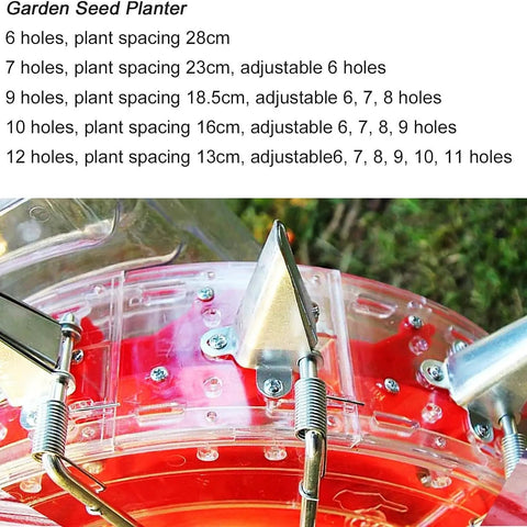 Close-up of Manual Seed Spreader and Fertilizer Applicator for Garden Rows showing adjustable ports on seed box