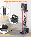 Heavy Duty Cordless Vacuum Stand Docking Station With Wheels, metal holder with storage baskets and rollers, in home setting.
