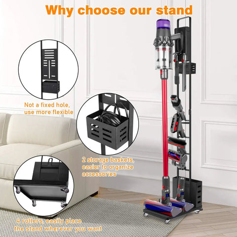Heavy Duty Cordless Vacuum Stand Docking Station With Wheels, metal holder with storage baskets and rollers, in home setting.