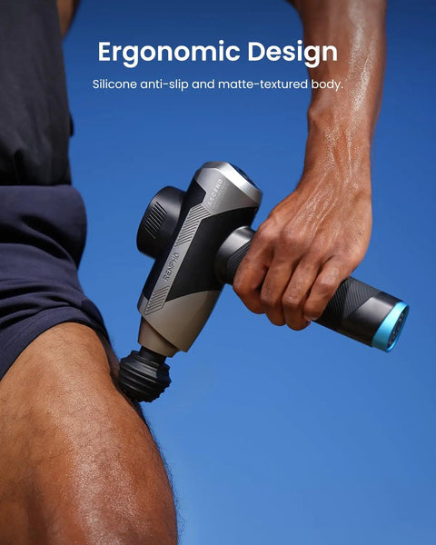 Professional Deep Tissue Percussion Massage Gun With Adjustable Amplitude From Six To Twelve Millimeters Five Speeds Five Attachments Seven In One Therapy Massager For Athletes Great Fathers Day Gift FSA And HSA Eligible in use on athlete's leg