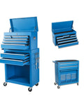 Blue 8 Drawer Rolling Tool Chest Hella Tough Shop Ready Design Detachable Top Bin With Cushioned Drawer Trays And Nifty Side Hooks For Hardworking Practical Pros displayed with open lid and drawers.