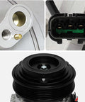 Close-up of Premium Aftermarket AC Compressor With Clutch Heavy Duty Auto Air Conditioning Replacement showing clutch and connector details.