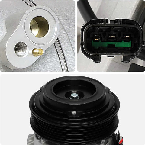 Close-up of Premium Aftermarket AC Compressor With Clutch Heavy Duty Auto Air Conditioning Replacement showing clutch and connector details.