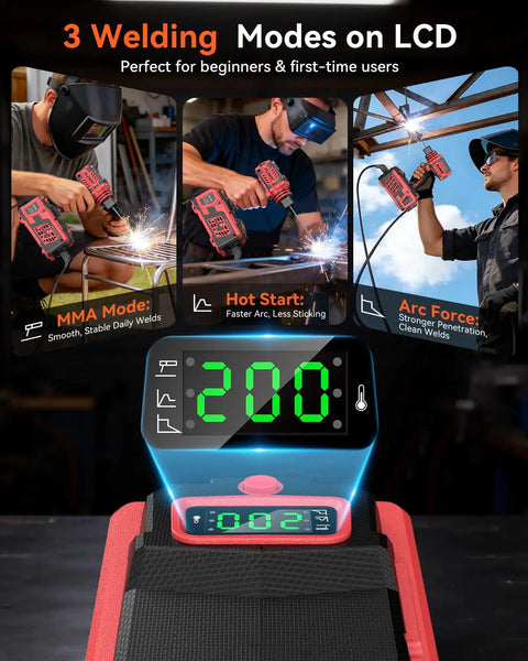 Badass Lightweight 110V Handheld Arc Welder Delivers Knockout 200A IGBT Power With An Easy LCD Screen showing 3 welding modes.
