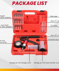 Front view of DASBET 21-piece handheld vacuum/pressure pump kit in red case with gauge, hoses, brake bleeder adapters
